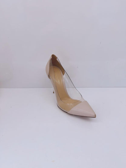 LIGHT PINK LEATHER AND PVC PLEXI POINTED TOE PUMPS 38.5