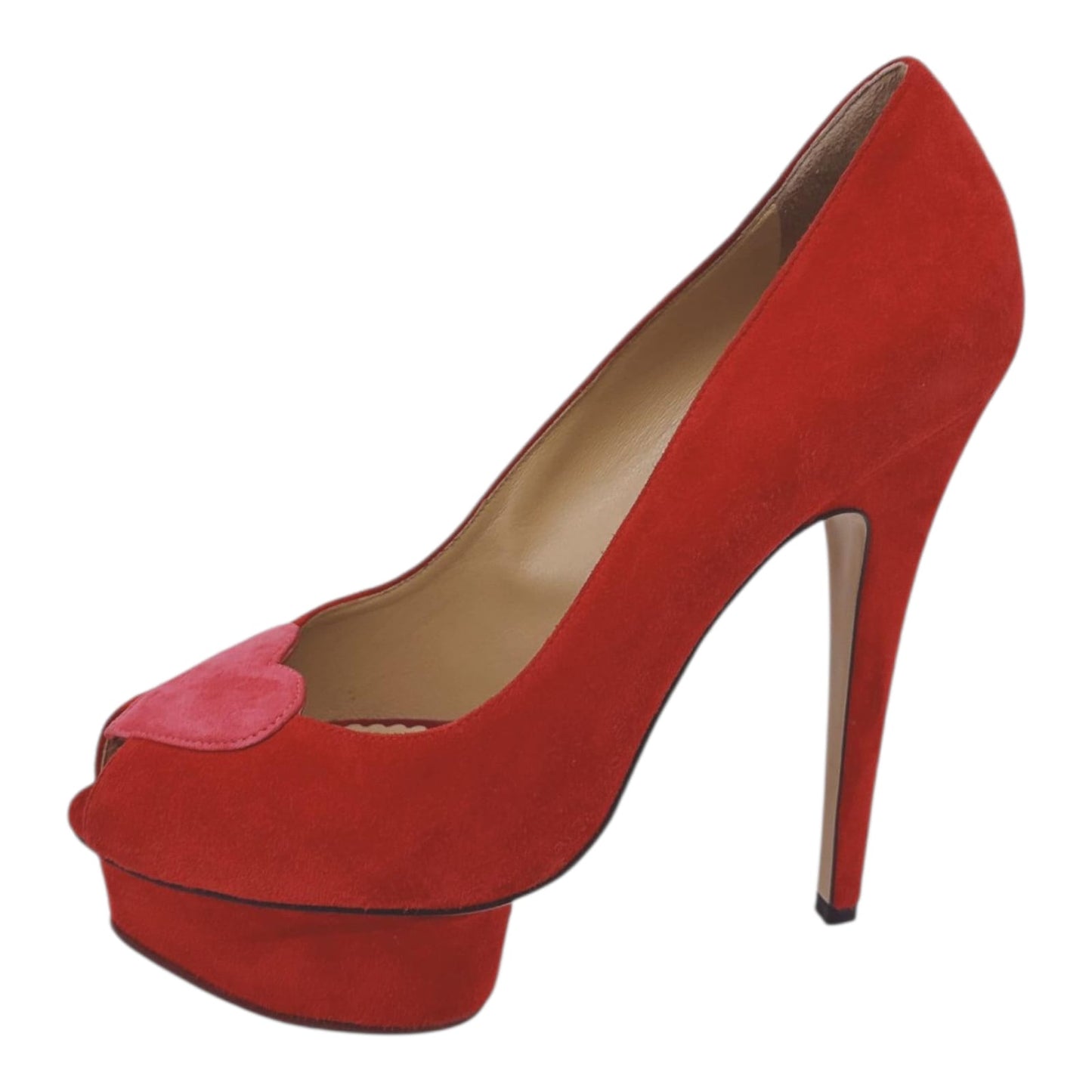 RED SUEDE DELPHINE HEART DETAIL PLATFORM PUMPS 38