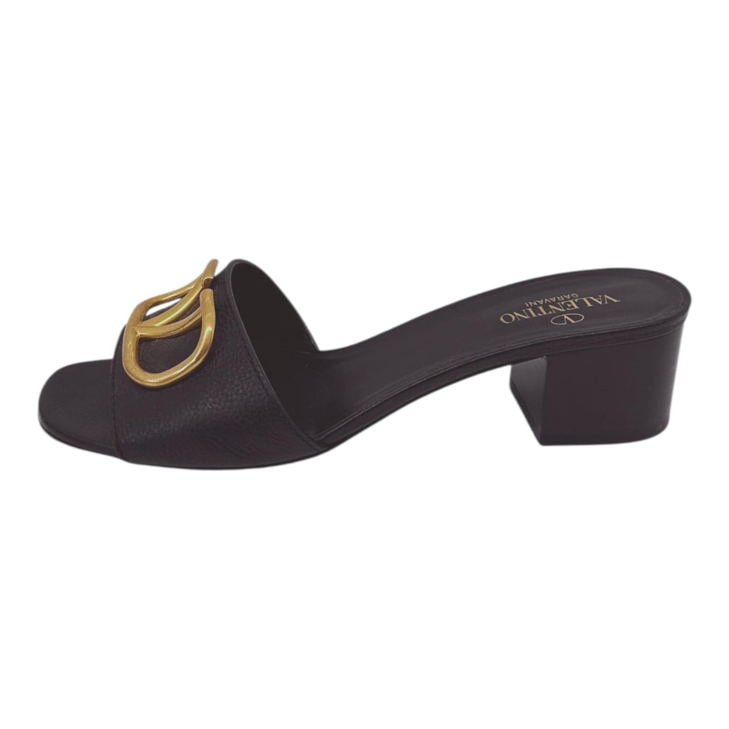BLACK LEATHER VLOGO SIGNATURE OPEN TOE SLIDES SANDALS 38