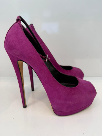 MAGENTA PINK SUEDE PLATFORM PEEP TOE ANKLE STRAP PUMPS 38.5