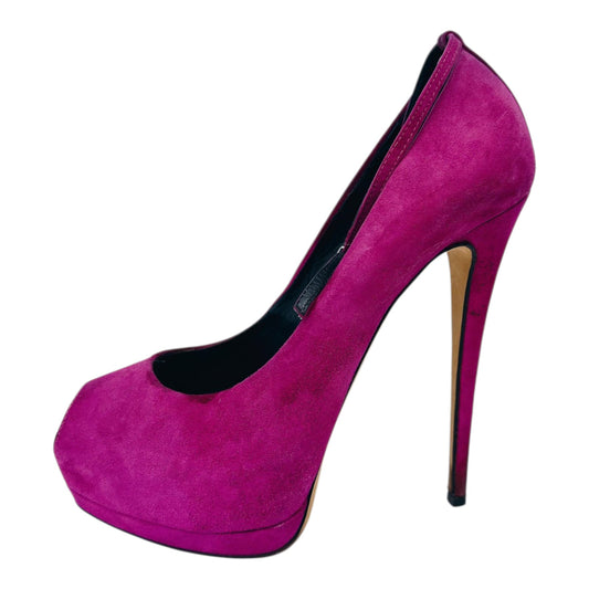 MAGENTA PINK SUEDE PLATFORM PEEP TOE ANKLE STRAP PUMPS 38.5