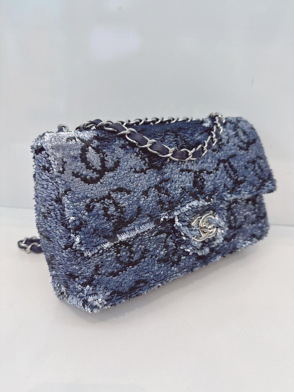 BLUE SEQUINS CC FLAP BAG SILVER HARDWARE