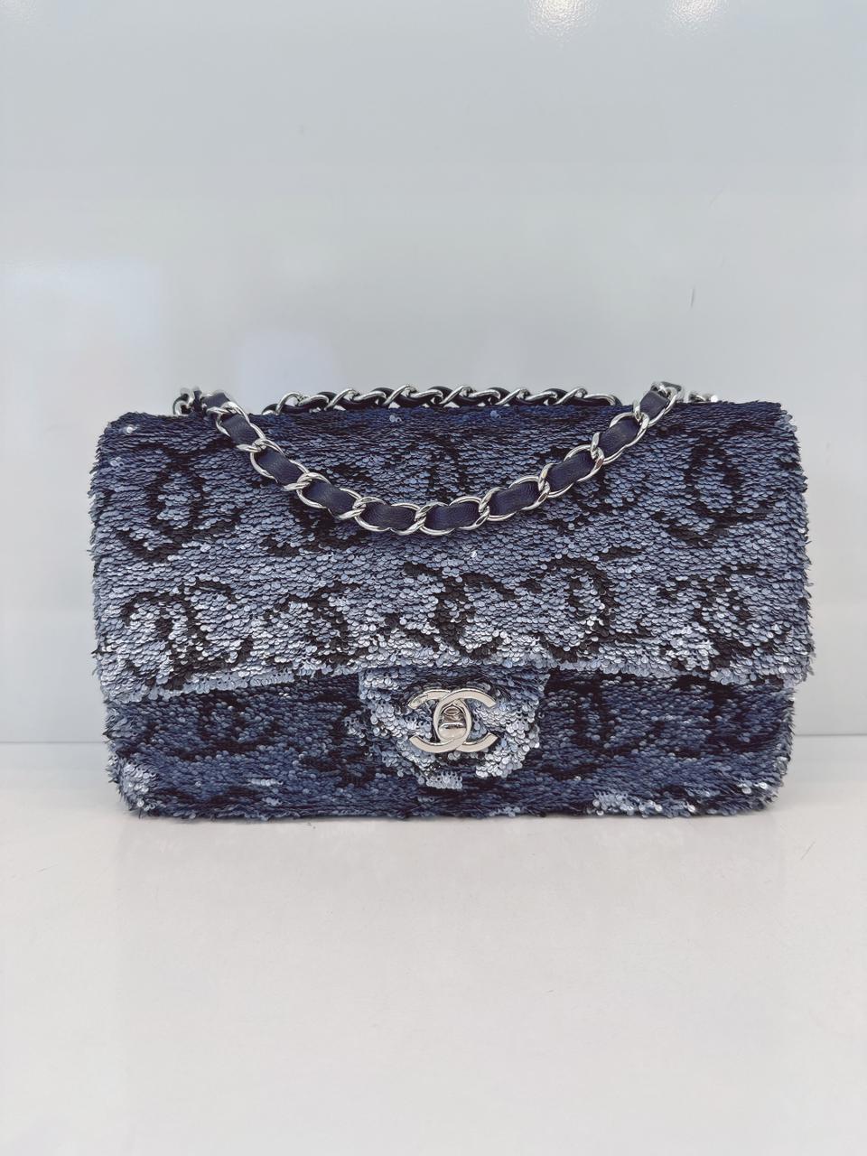 BLUE SEQUINS CC FLAP BAG SILVER HARDWARE