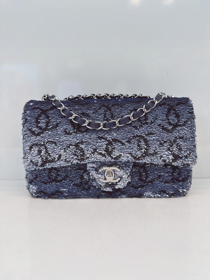 BLUE SEQUINS CC FLAP BAG SILVER HARDWARE