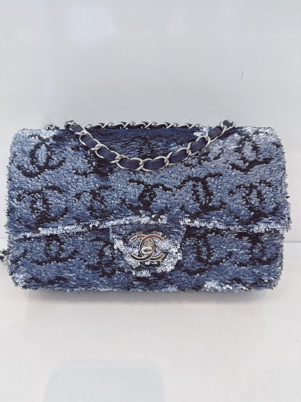 BLUE SEQUINS CC FLAP BAG SILVER HARDWARE