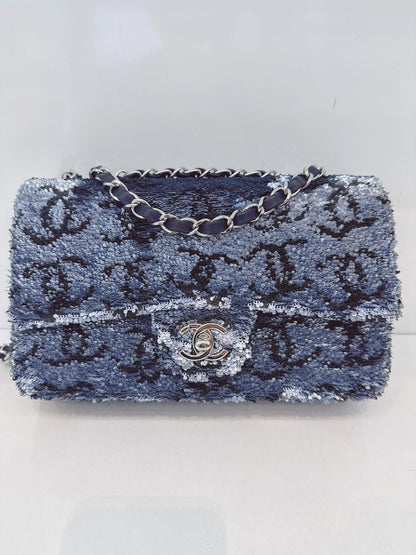 BLUE SEQUINS CC FLAP BAG SILVER HARDWARE