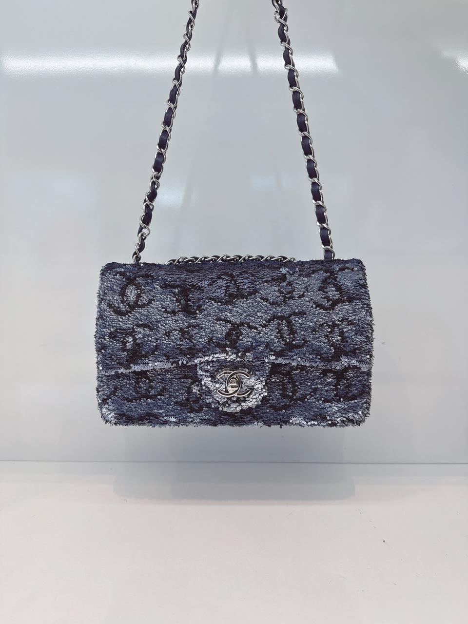 BLUE SEQUINS CC FLAP BAG SILVER HARDWARE