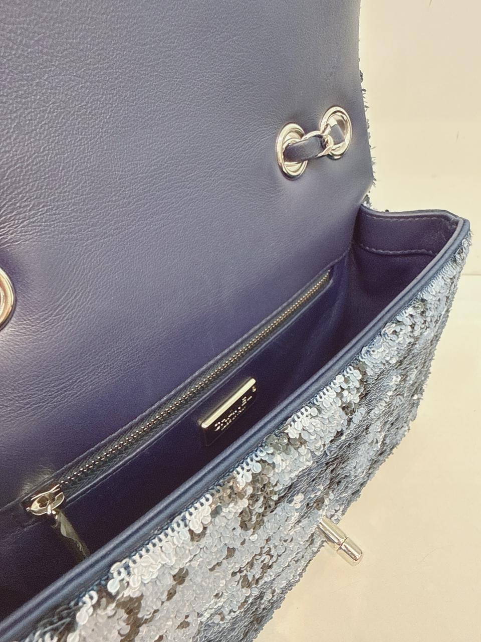 BLUE SEQUINS CC FLAP BAG SILVER HARDWARE