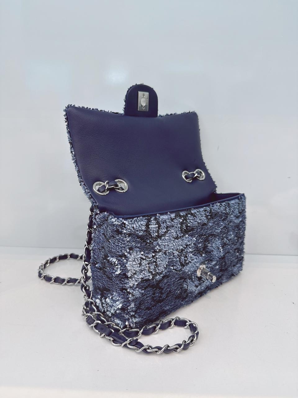 BLUE SEQUINS CC FLAP BAG SILVER HARDWARE