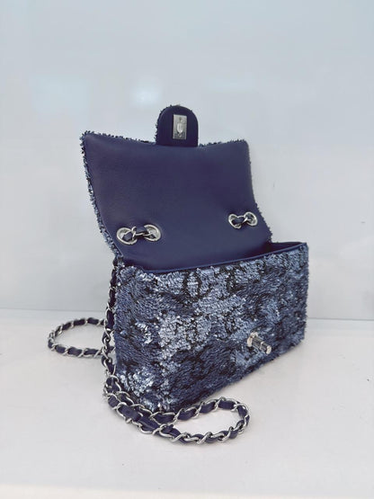 BLUE SEQUINS CC FLAP BAG SILVER HARDWARE