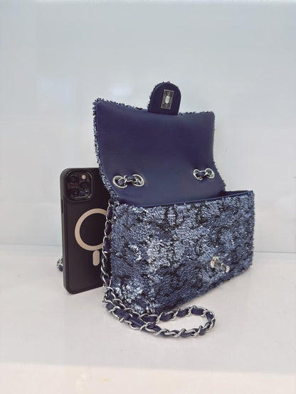 BLUE SEQUINS CC FLAP BAG SILVER HARDWARE