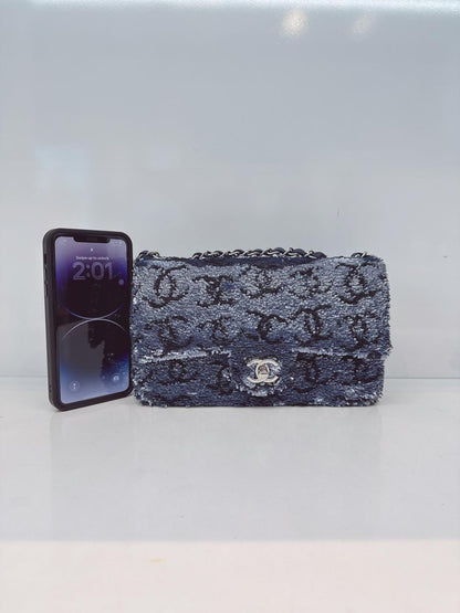 BLUE SEQUINS CC FLAP BAG SILVER HARDWARE