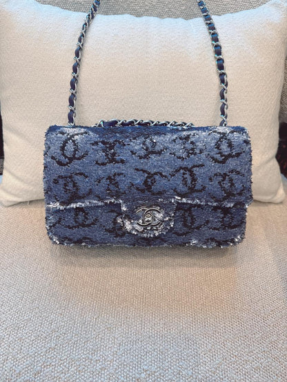 BLUE SEQUINS CC FLAP BAG SILVER HARDWARE