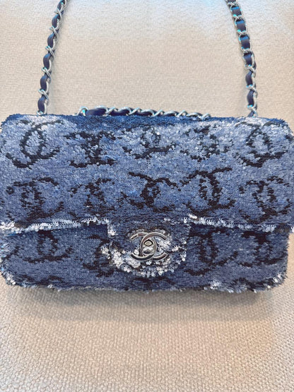 BLUE SEQUINS CC FLAP BAG SILVER HARDWARE