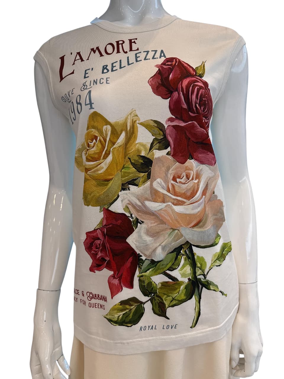 WHITE FLORAL PRINT L'AMORE SLEEVELESS T-SHIRT 36