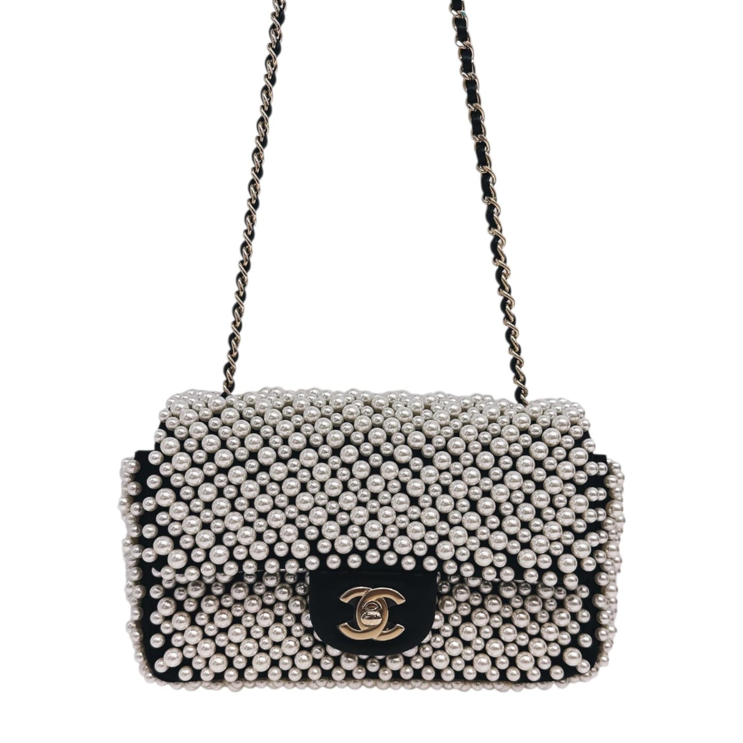 BLACK SATIN AND LAMBSKIN PEARL 19S MINI RECTANGULAR FLAP BAG LIGHT GOLD HARDWARE