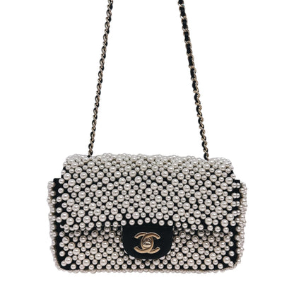 BLACK SATIN AND LAMBSKIN PEARL 19S MINI RECTANGULAR FLAP BAG LIGHT GOLD HARDWARE