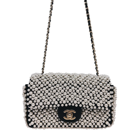 BLACK SATIN AND LAMBSKIN PEARL 19S MINI RECTANGULAR FLAP BAG LIGHT GOLD HARDWARE