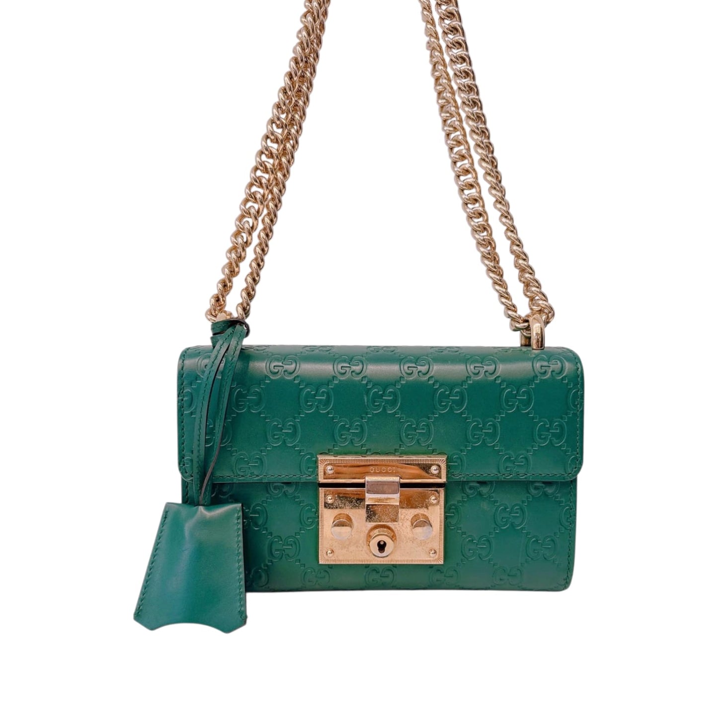GREEN GUCCISIMA LEATHER SMALL PADLOCK CHAIN SHOULDER BAG