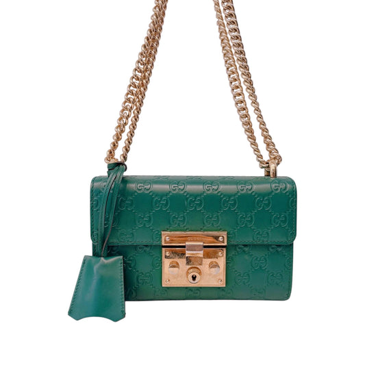 GREEN GUCCISIMA LEATHER SMALL PADLOCK CHAIN SHOULDER BAG