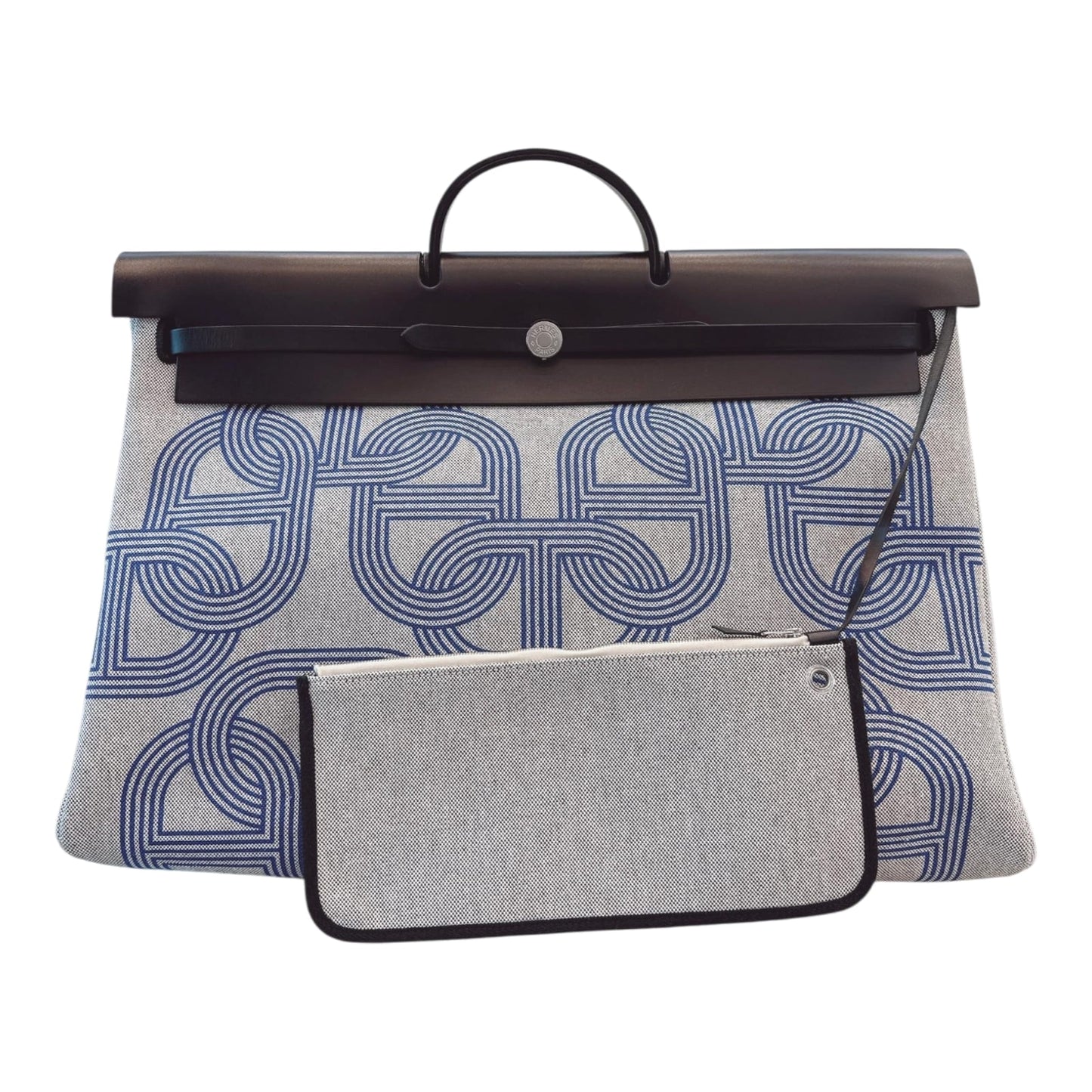 ECRU/BLEU ZELLIGE/NOIR H PLUME CANVAS WITH EBENE HUNTER LEATHER HERBAG ZIP CABINE 50 TRAVEL BAG