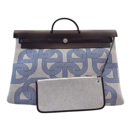 ECRU/BLEU ZELLIGE/NOIR H PLUME CANVAS WITH EBENE HUNTER LEATHER HERBAG ZIP CABINE 50 TRAVEL BAG