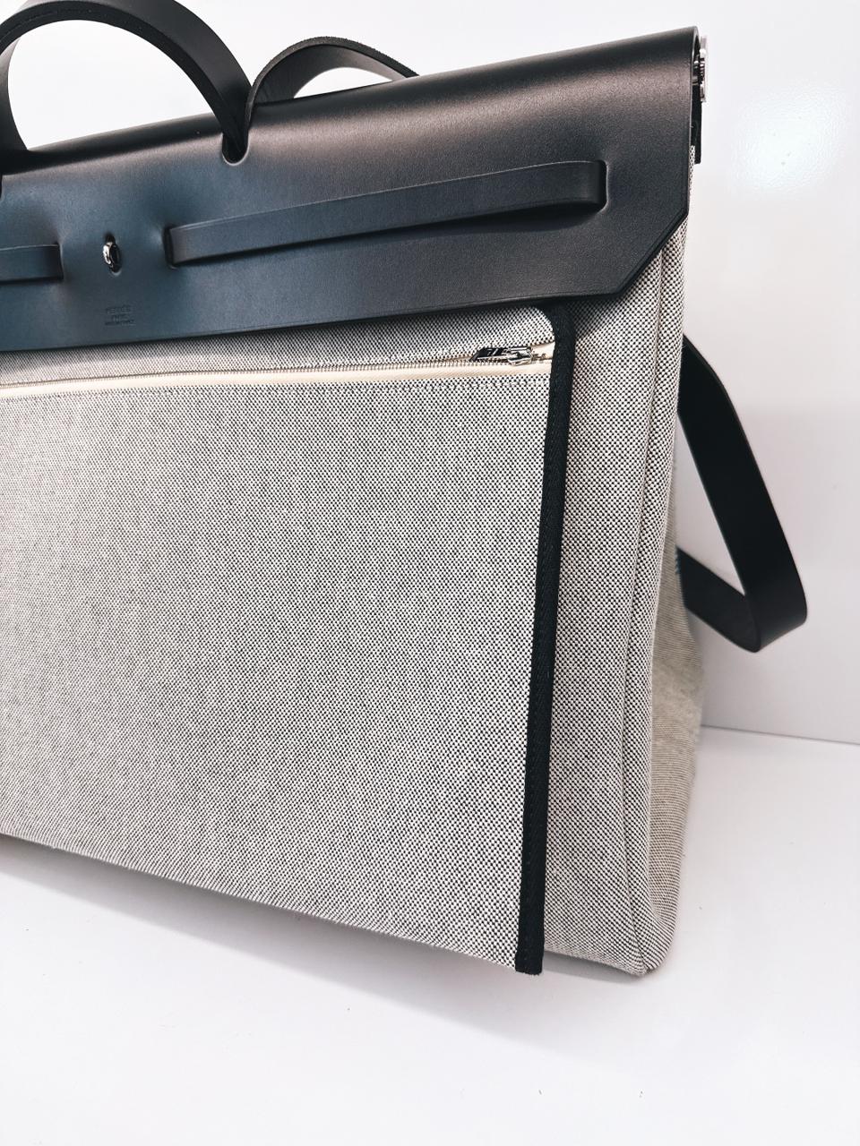 ECRU/BLEU ZELLIGE/NOIR H PLUME CANVAS WITH EBENE HUNTER LEATHER HERBAG ZIP CABINE 50 TRAVEL BAG