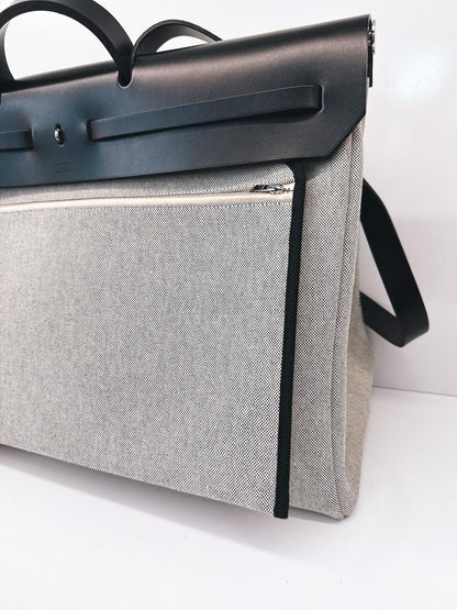 ECRU/BLEU ZELLIGE/NOIR H PLUME CANVAS WITH EBENE HUNTER LEATHER HERBAG ZIP CABINE 50 TRAVEL BAG