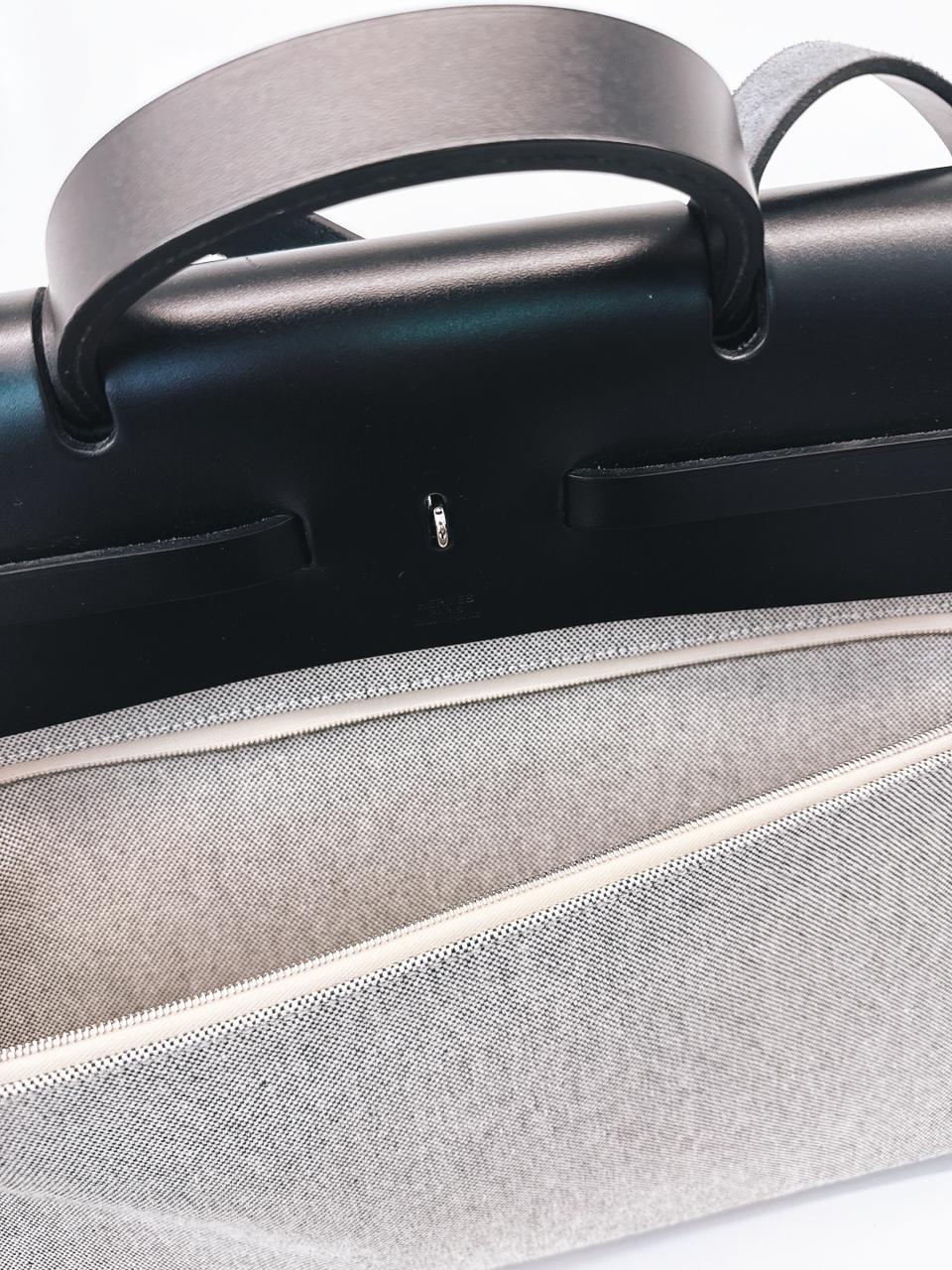 ECRU/BLEU ZELLIGE/NOIR H PLUME CANVAS WITH EBENE HUNTER LEATHER HERBAG ZIP CABINE 50 TRAVEL BAG