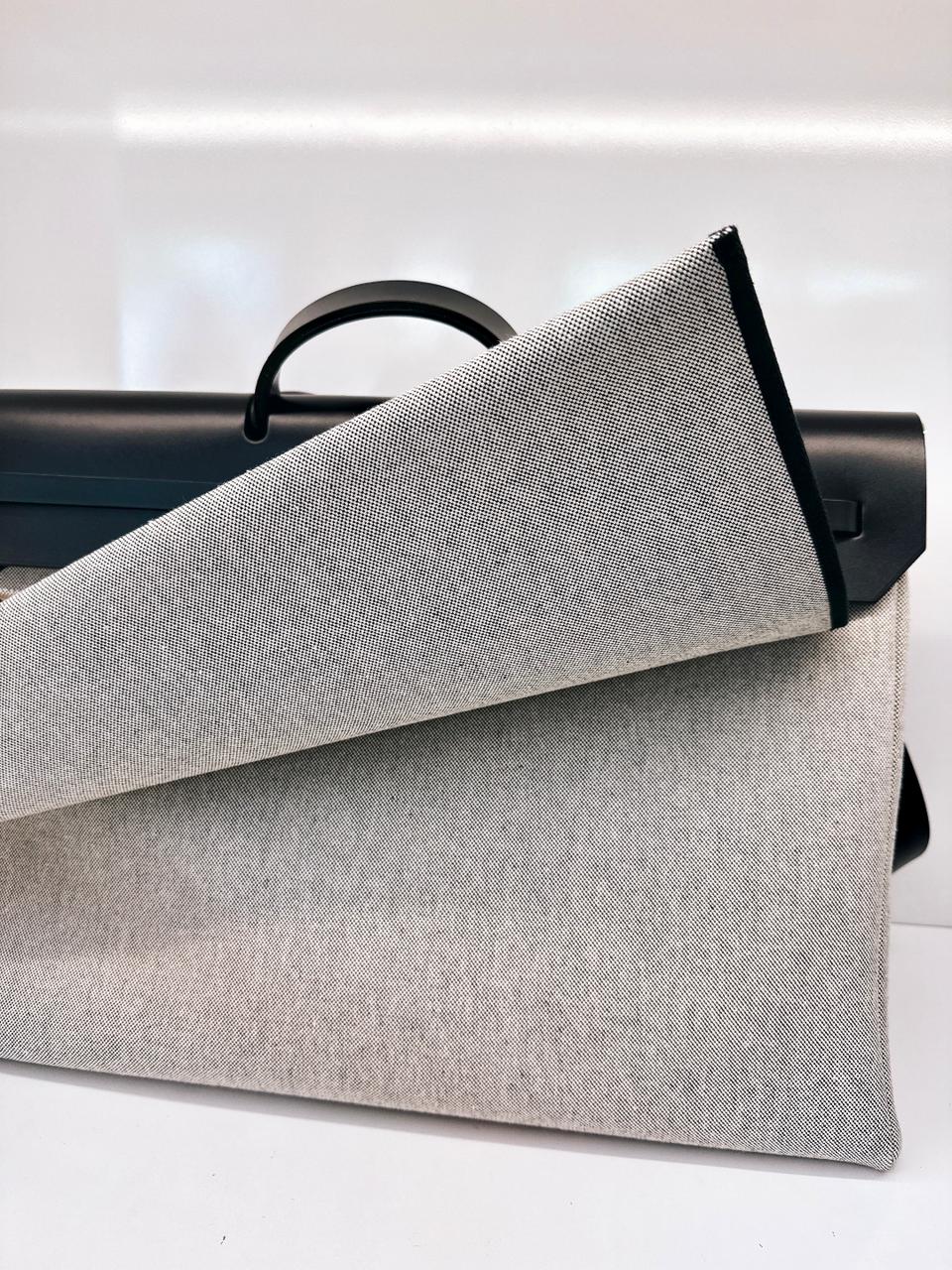 ECRU/BLEU ZELLIGE/NOIR H PLUME CANVAS WITH EBENE HUNTER LEATHER HERBAG ZIP CABINE 50 TRAVEL BAG
