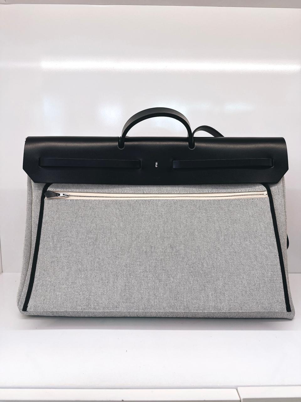 ECRU/BLEU ZELLIGE/NOIR H PLUME CANVAS WITH EBENE HUNTER LEATHER HERBAG ZIP CABINE 50 TRAVEL BAG