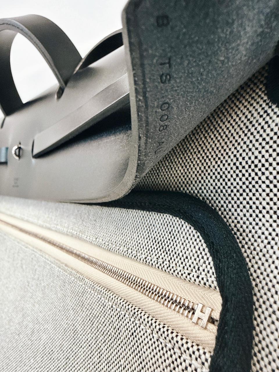 ECRU/BLEU ZELLIGE/NOIR H PLUME CANVAS WITH EBENE HUNTER LEATHER HERBAG ZIP CABINE 50 TRAVEL BAG