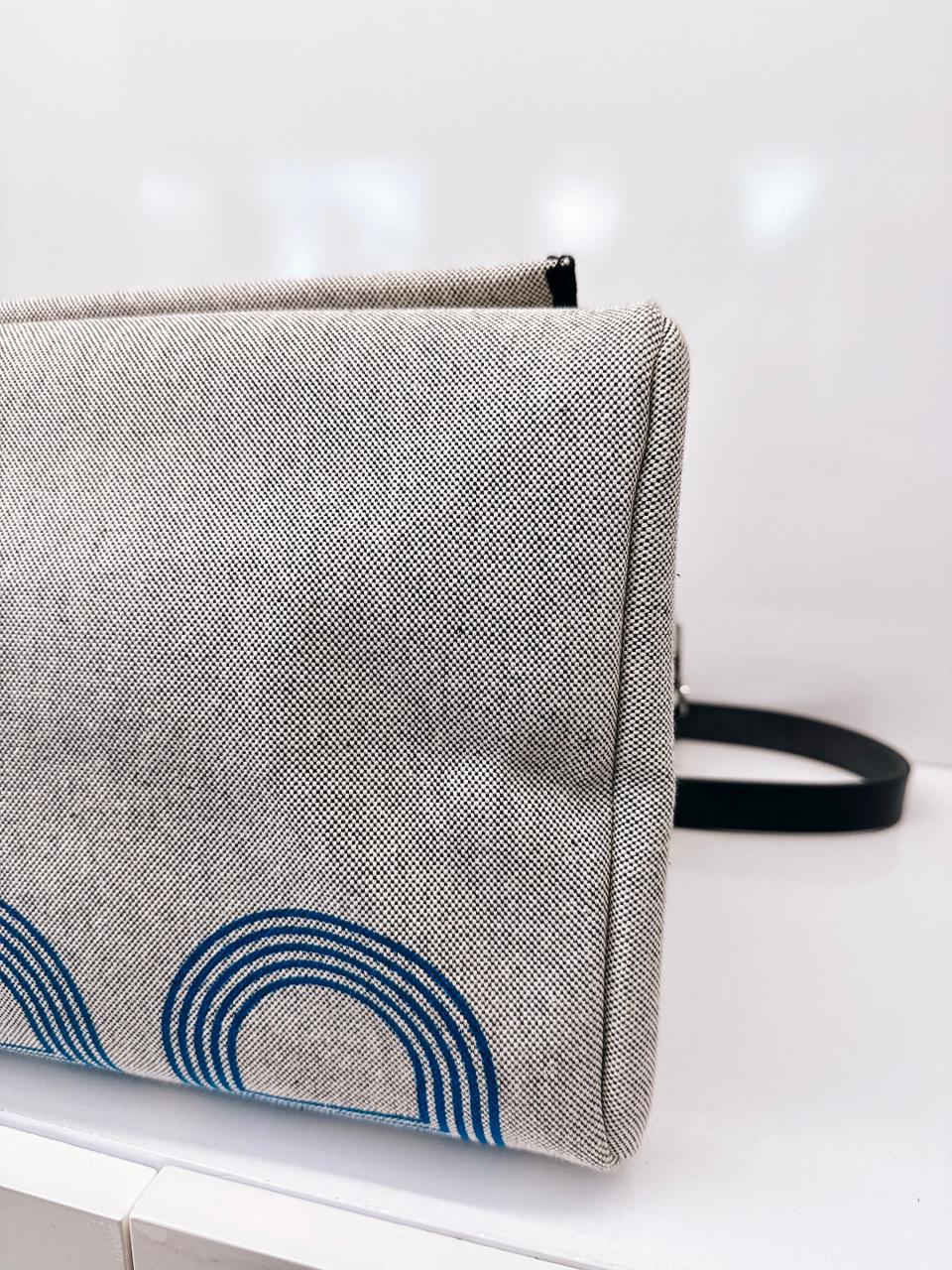ECRU/BLEU ZELLIGE/NOIR H PLUME CANVAS WITH EBENE HUNTER LEATHER HERBAG ZIP CABINE 50 TRAVEL BAG