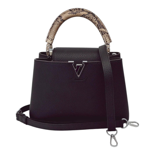 BLACK TAURILLON LEATHER CAPUCINES BB WITH PYTHON SKIN TOP HANDLE BAG
