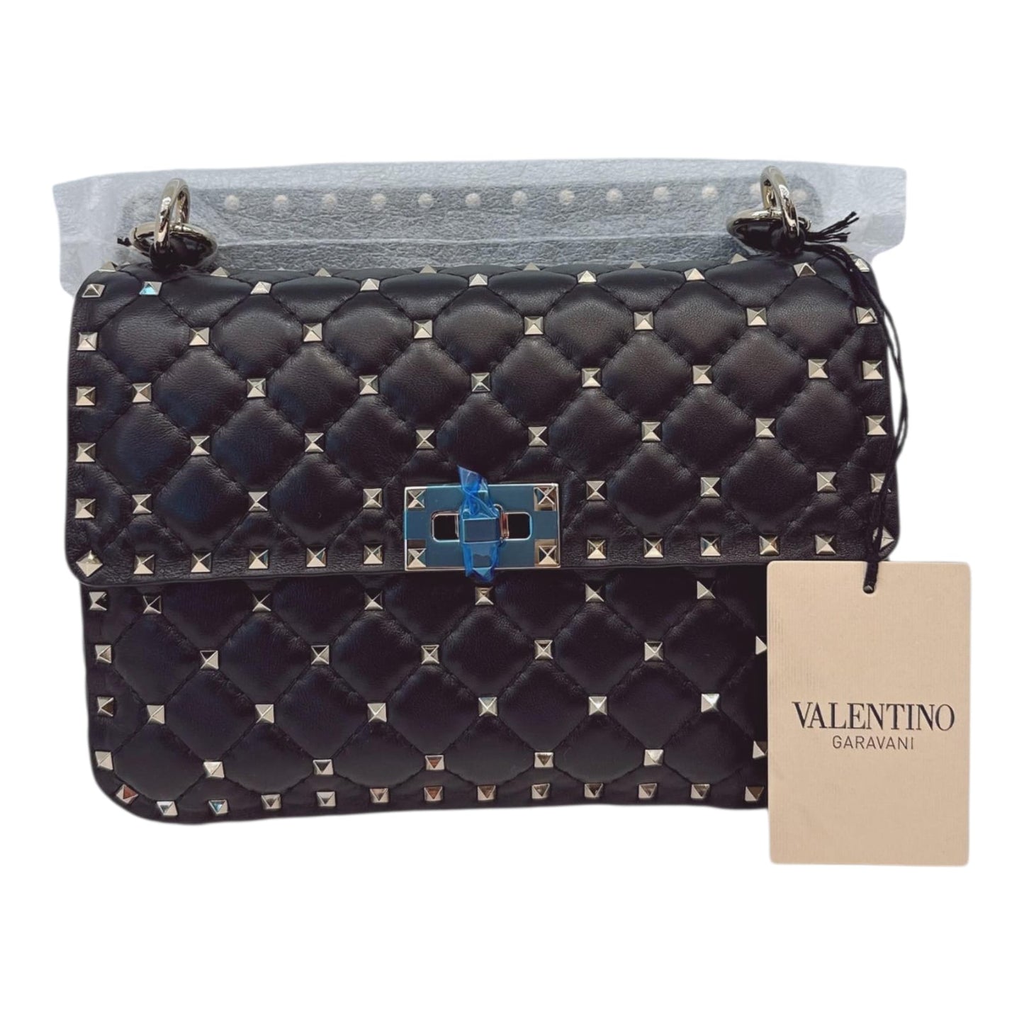 BLACK MEDIUM ROCKSTUD SPIKE CHAIN BAG IN NAPPA LEATHER