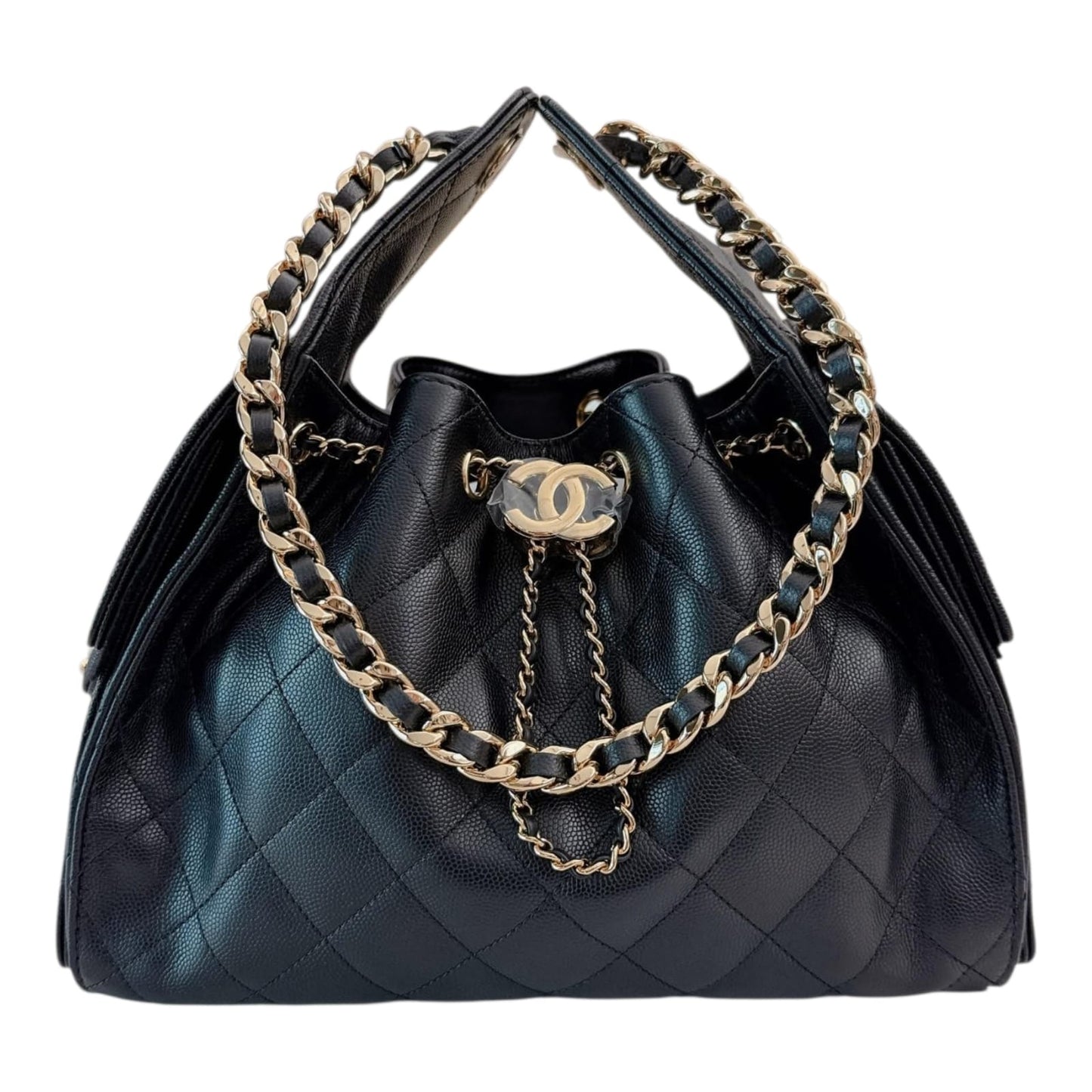 BLACK GRAINED CALFSKIN & GOLD TONE METAL CHANEL 25 SMALL HANDBAG