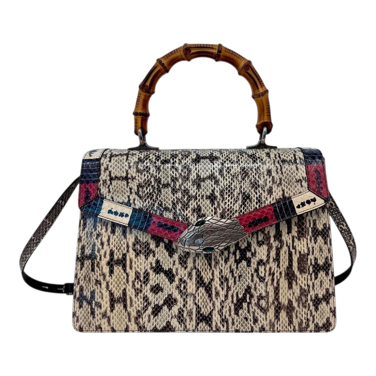 BEIGE SNAKESKIN MEDIUM LILITH BAMBOO TOP HANDLE BAG