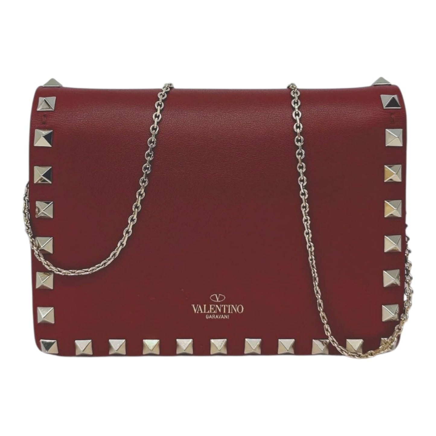 BURGUNDY LEATHER ROCKSTUD FLAP CHAIN CLUTCH