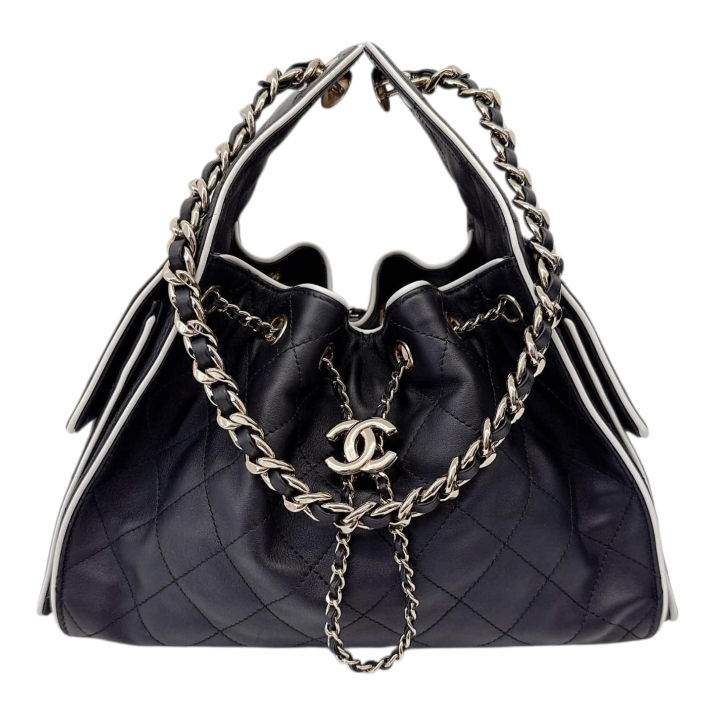 BLACK WHITE CALFSKIN CHANEL 25 SMALL HANDBAG GOLD-TONE METAL