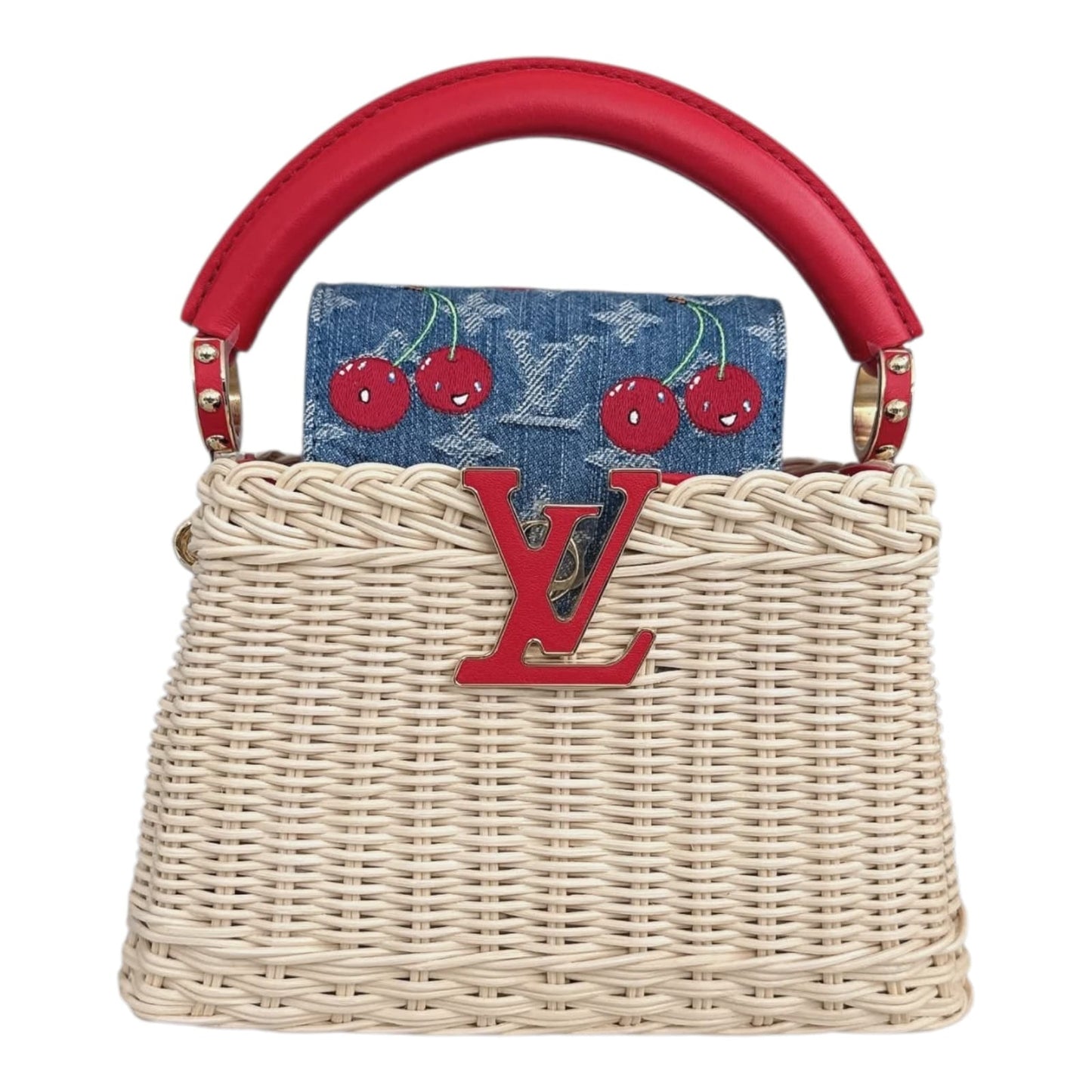 LOUIS VUITTON X TAKASHI MURAKAMI CAPUCINES  MINI RED AND BLUE MONOGRAM CHERRY DENIM AND RATTAN WICKER GOLD HARDWARE