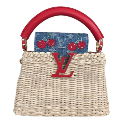 LOUIS VUITTON X TAKASHI MURAKAMI CAPUCINES  MINI RED AND BLUE MONOGRAM CHERRY DENIM AND RATTAN WICKER GOLD HARDWARE