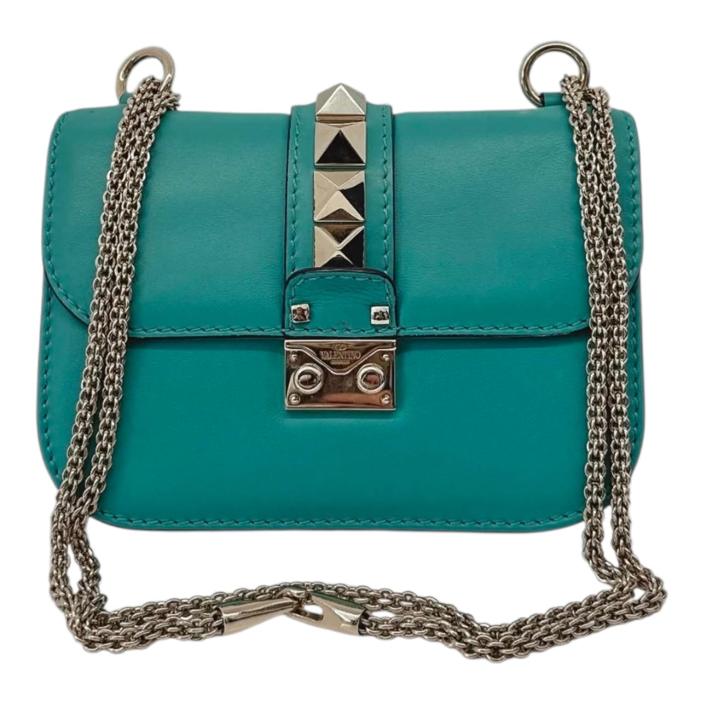GREEN LEATHER ROCKSTUD GLAM LOCK FLAP SMALL SHOULDER BAG
