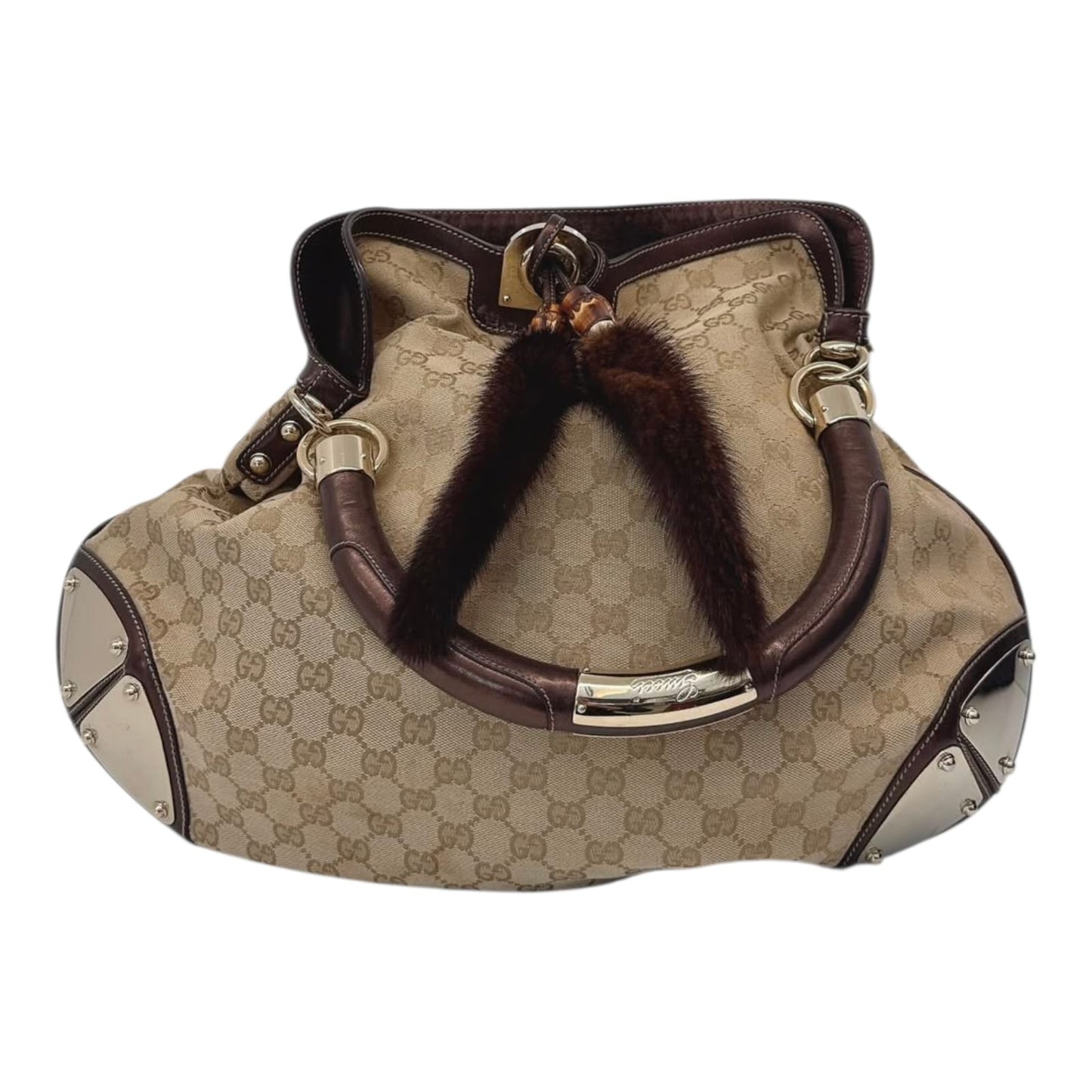 BEIGE GG CANVAS LARGE FUR TASSEL INDY HOBO BAG