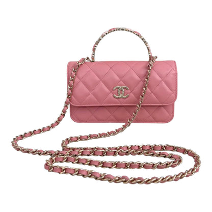 LIGHT PINK CC FLOWER WALLET ON CHAIN TOP HANDLE BAG