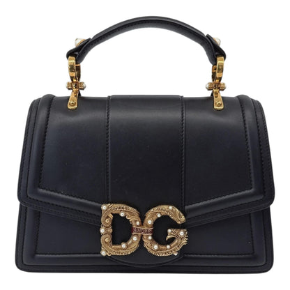 BLACK LEATHER DG AMORE TOP HANDLE BAG