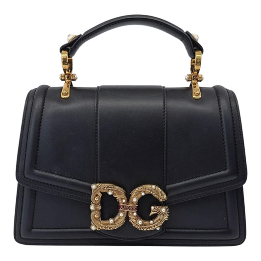 BLACK LEATHER DG AMORE TOP HANDLE BAG