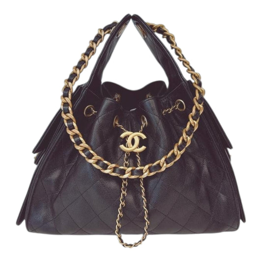 BLACK GRAINED CALFSKIN SMALL CHANEL 25 GOLD TONE METAL