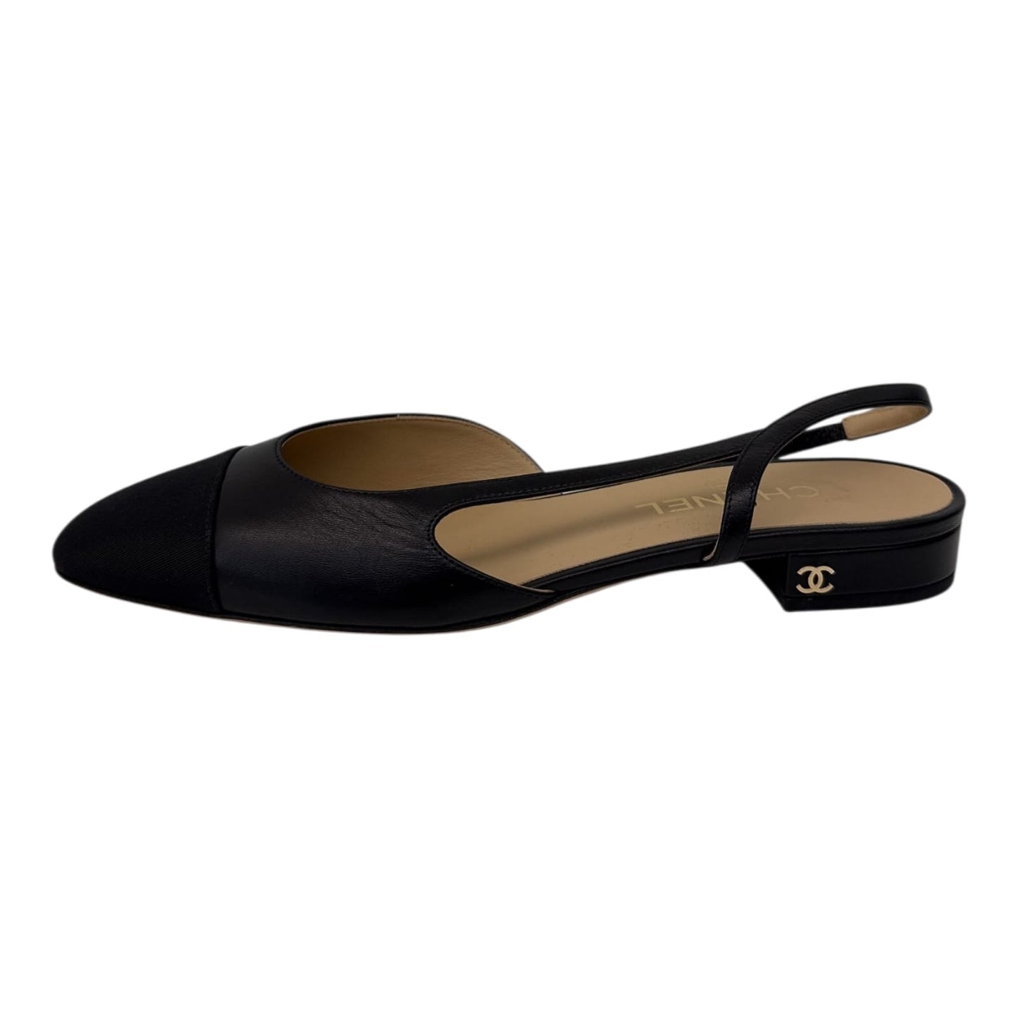 BLACK GOATSKIN AND GROSGRAIN SLINGBACKS 40C