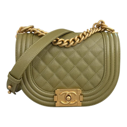 OLIVE GREEN QUILTED CAVIAR LEATHER SMALL BOY MESSENGER BAG