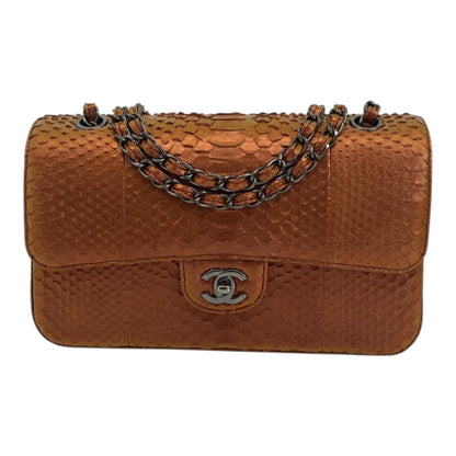 METALLIC ORANGE PYTHON LEATHER MEDIUM CLASSIC DOUBLE FLAP HANDBAG